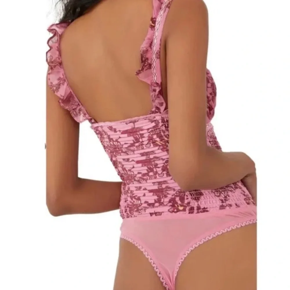 Free People Pink Floral Lace Corset Bodysuit